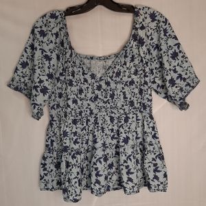 Blue Floral Babydoll Smock Top M